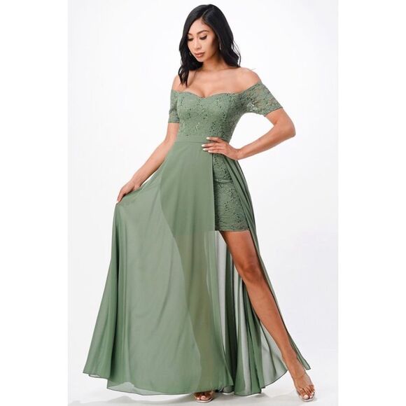 La Scala Green Off the Shoulder Sequin Lace High Low Formal Dress Size S NWT - Picture 1 of 6